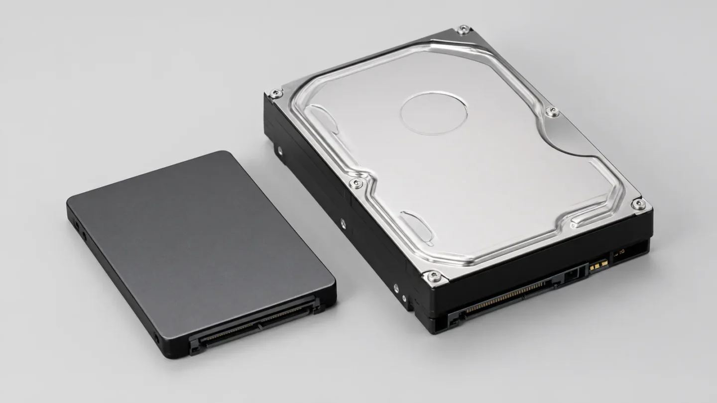 SSD и HDD рядом на светло-сером фоне