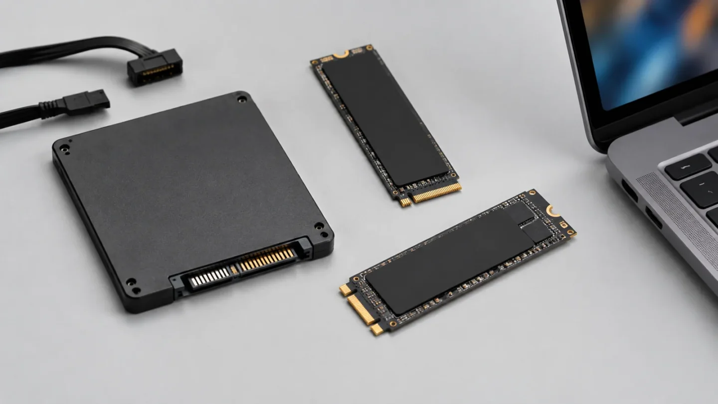SSD накопители SATA и NVMe на светло-сером фоне без людей и текста