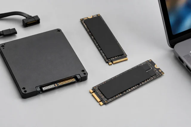 SSD накопители SATA и NVMe на светло-сером фоне без людей и текста