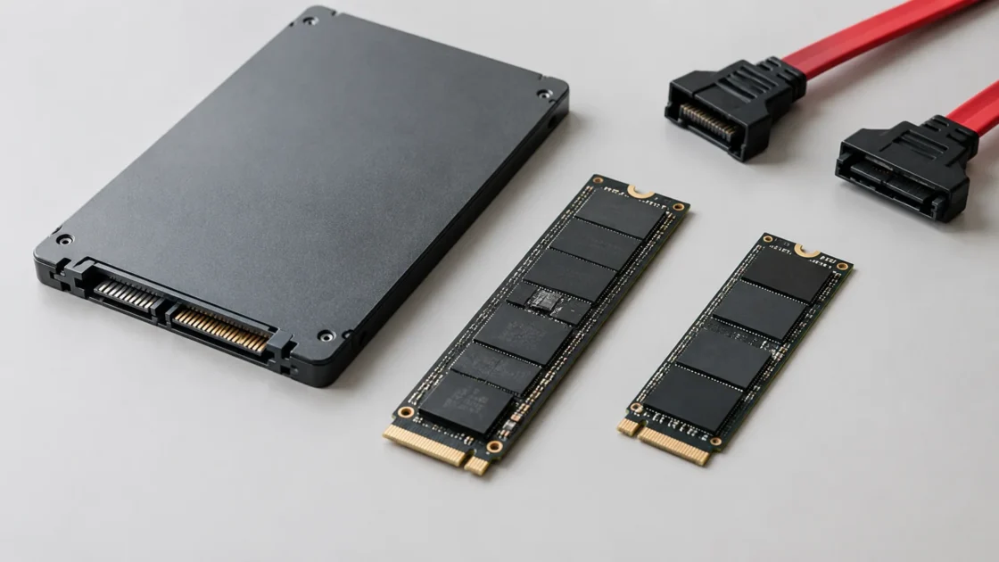 крупный план компьютерных SSD и разъёмов на светло-сером фоне