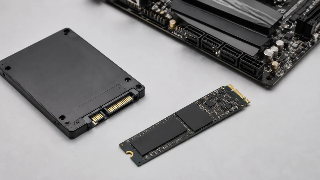 реальный компактный SSD накопитель рядом с компьютерными комплектующими