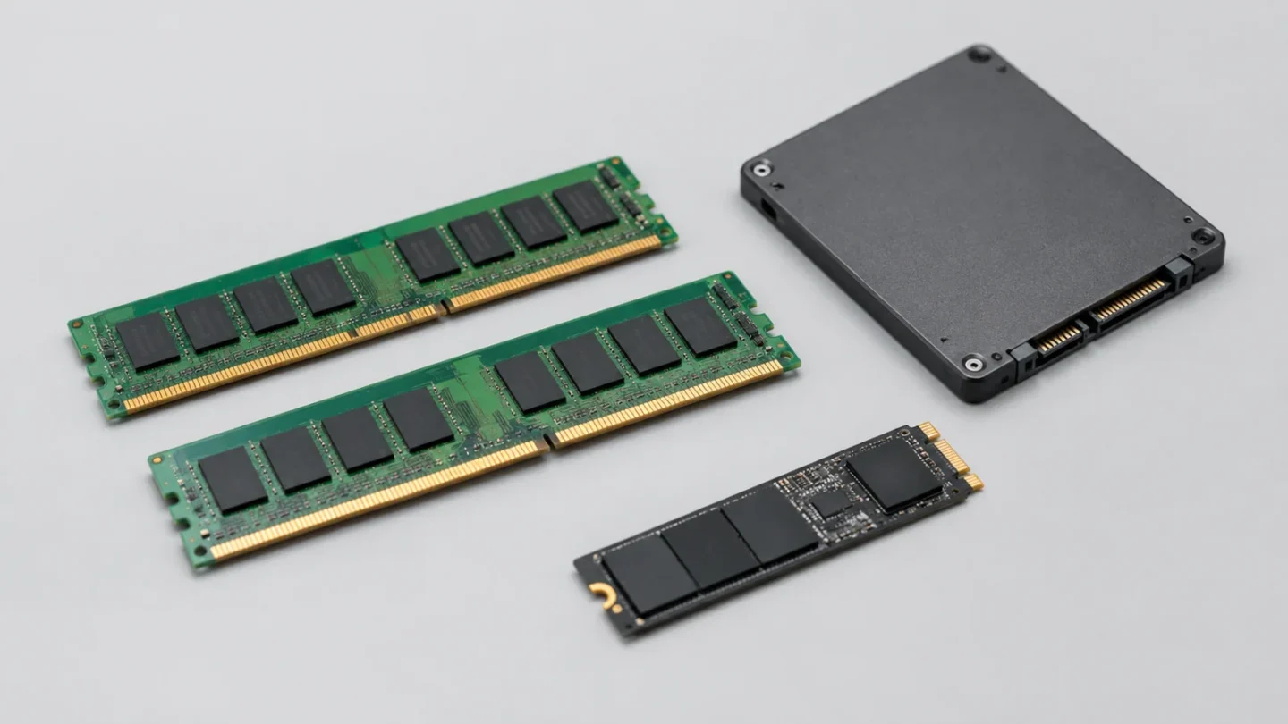 Модули оперативной памяти и SSD на светло-сером фоне