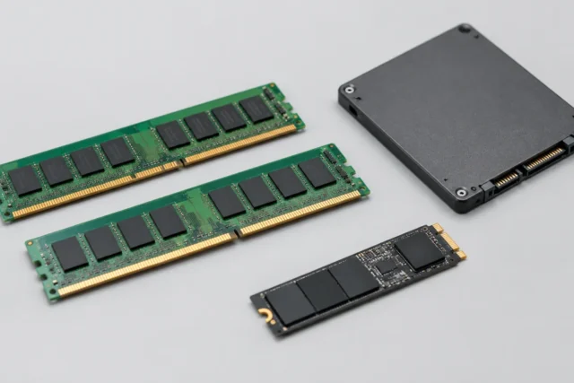 Модули оперативной памяти и SSD на светло-сером фоне