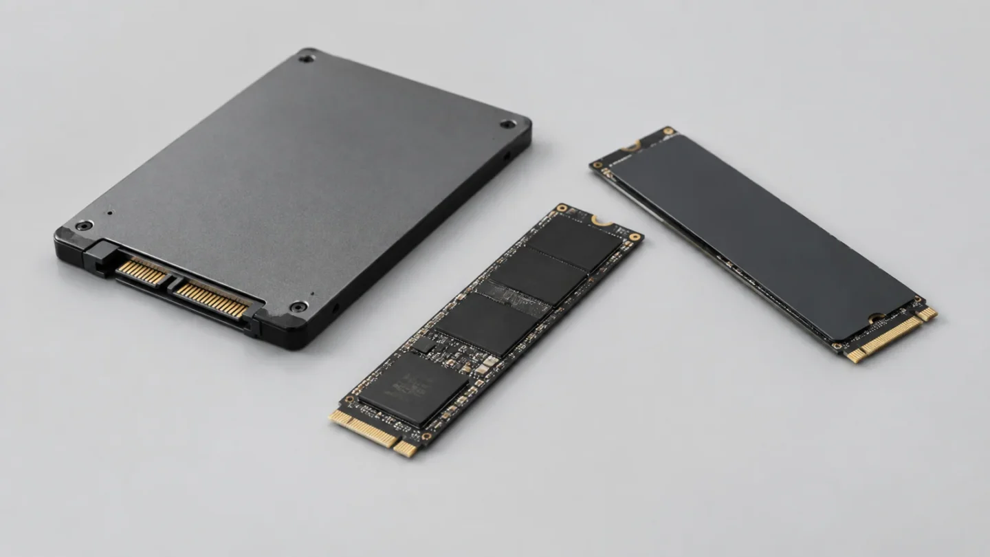 Твердотельные накопители SSD на светло-сером фоне