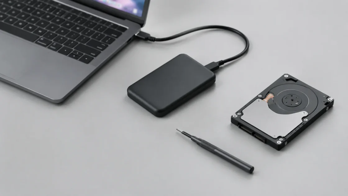 реальный SSD и инструменты для установки на светло-сером фоне