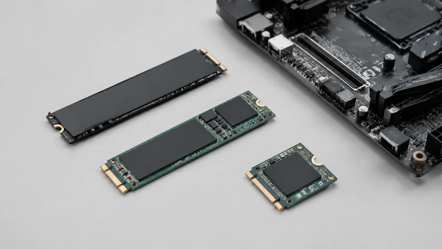SSD M.2 накопитель и комплектующие на светло-сером фоне без текста и людей