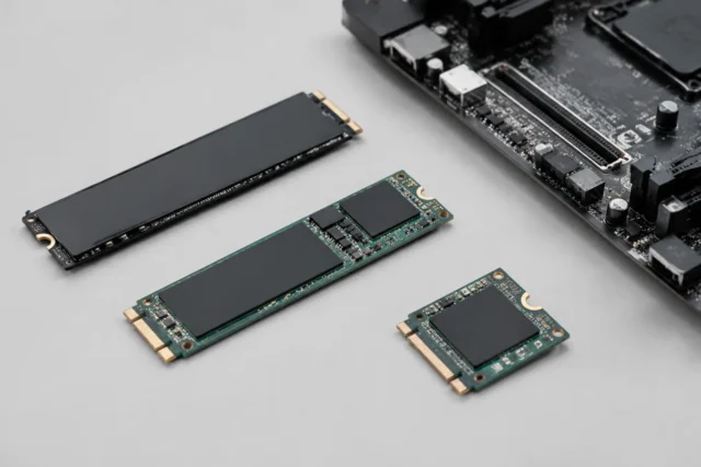 SSD M.2 накопитель и комплектующие на светло-сером фоне без текста и людей