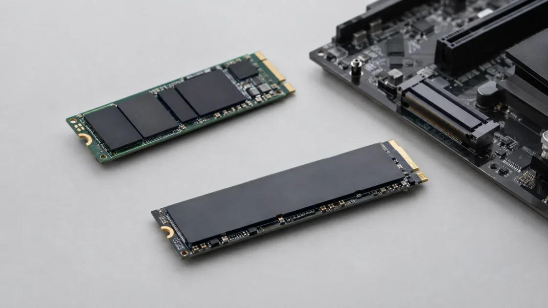 крупный план платы M.2 SSD на светло-сером фоне без брендов