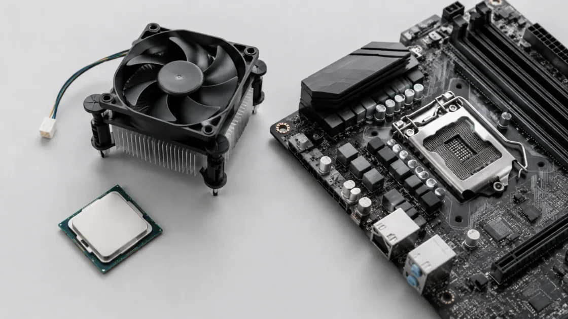 Реальный SSD и компьютерные комплектующие на светло-сером фоне
