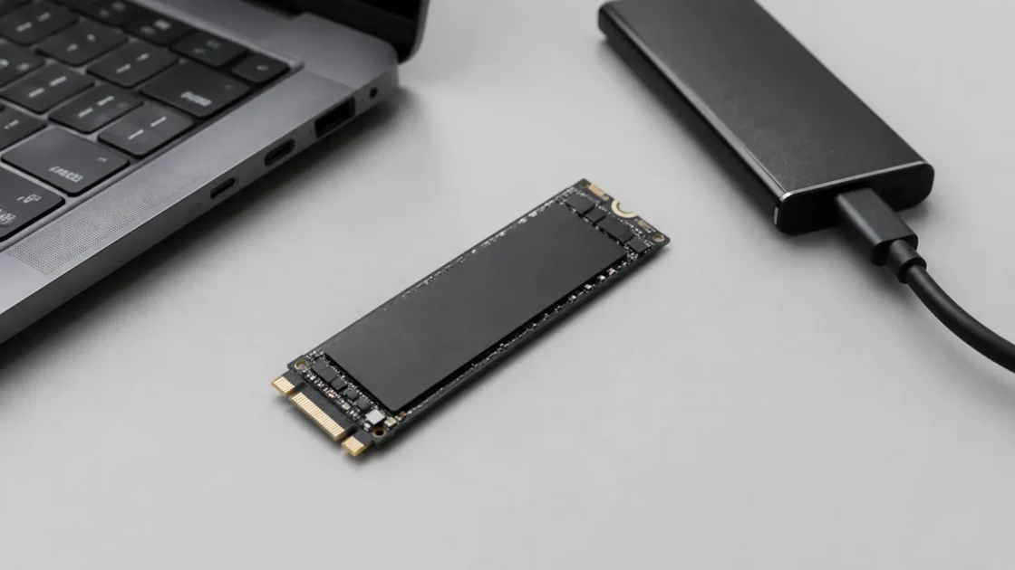 крупный план внутреннего SSD и разъёма на светло-сером фоне