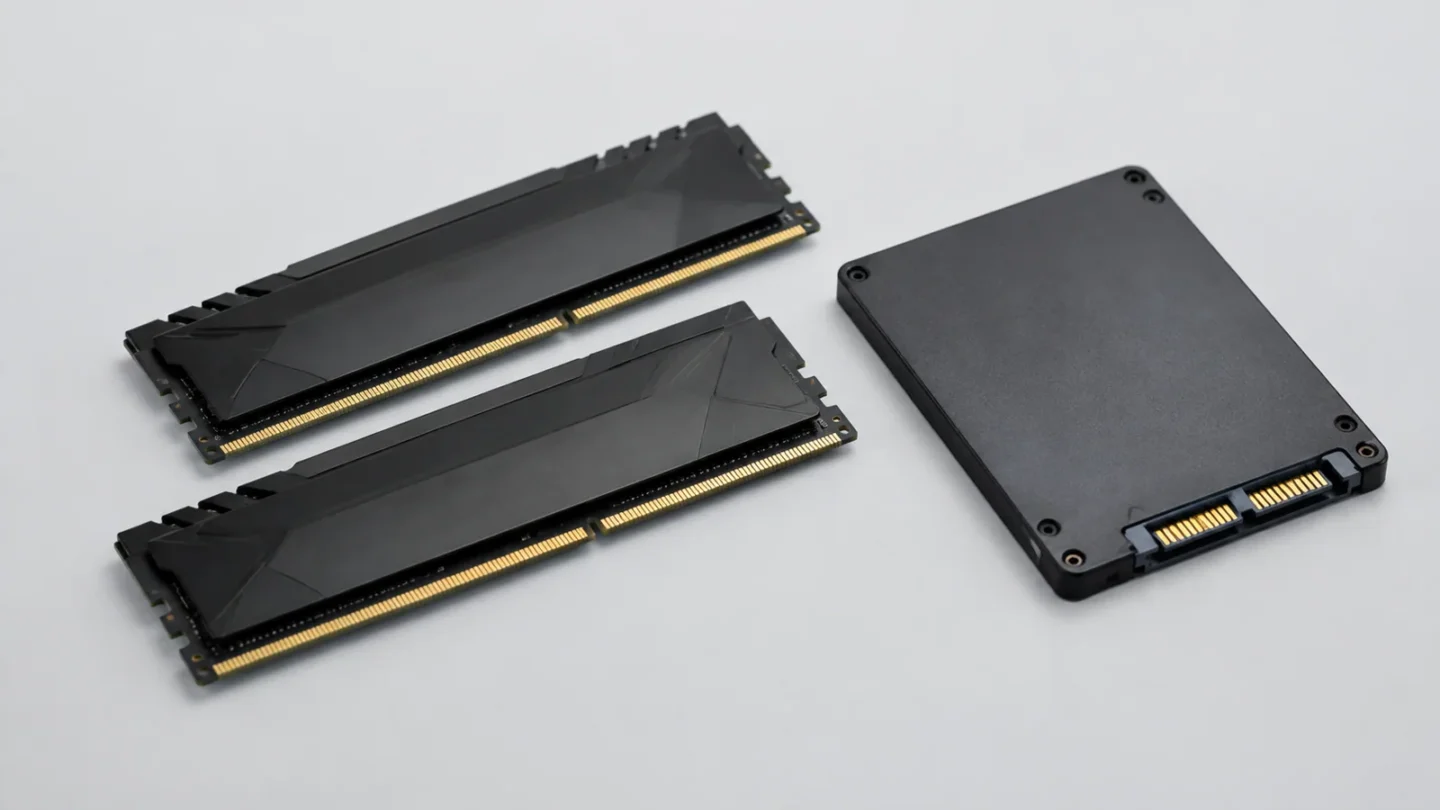 Модули оперативной памяти и SSD на светло-сером фоне