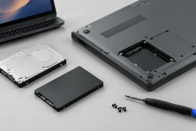 SSD и HDD ноутбука на светло-сером фоне без людей и текста