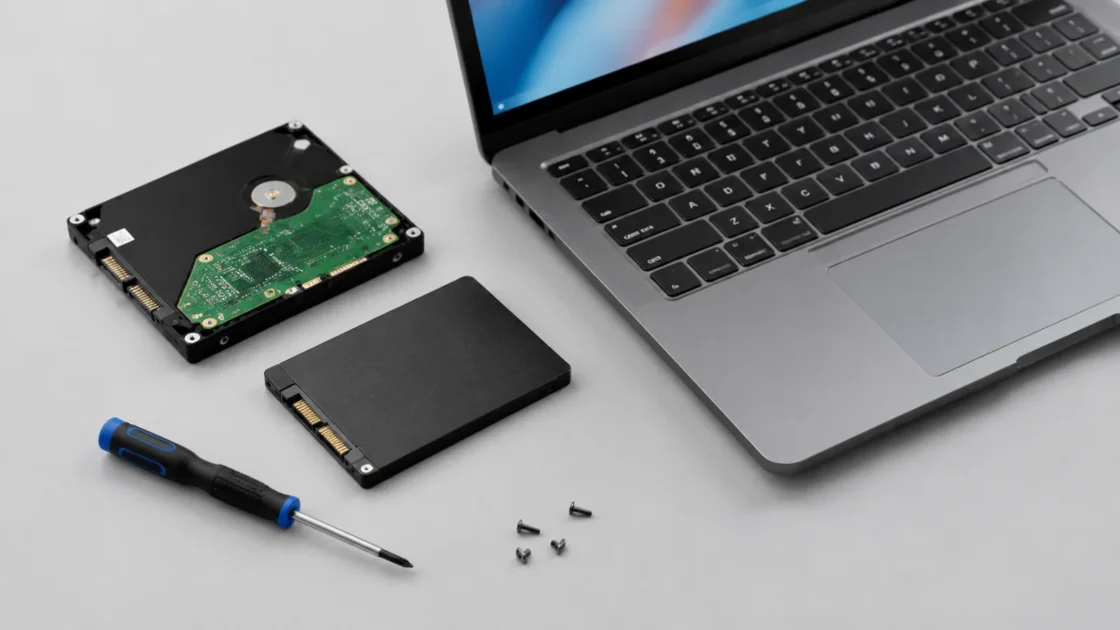 установочный отсек ноутбука с SSD на светло-сером фоне без брендов