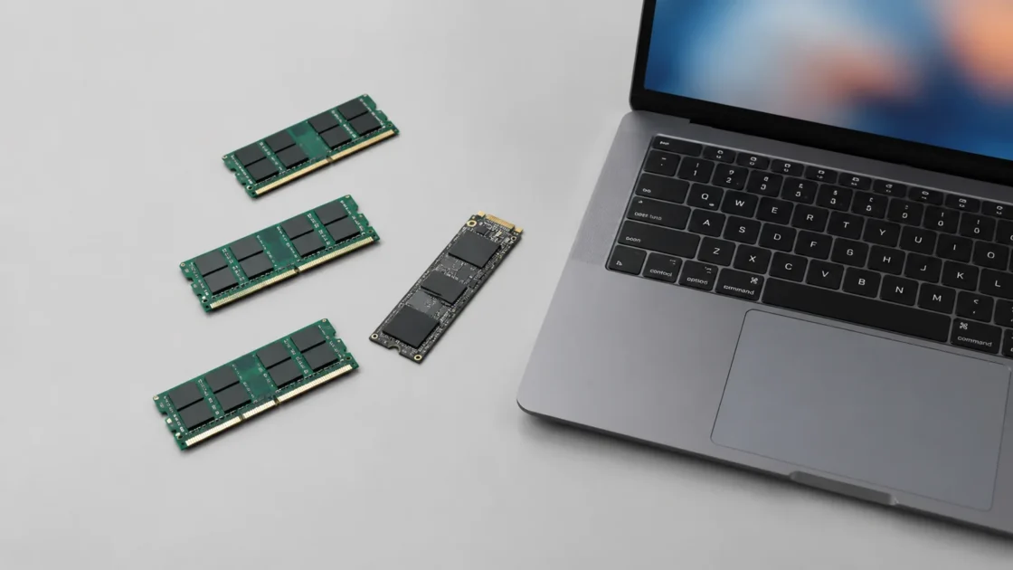 Реальный SSD и компоненты ноутбука на светло-сером фоне без брендов и надписей