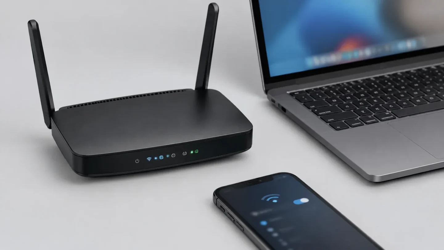 Домашний Wi-Fi роутер и сетевые кабели на светло-сером фоне без людей и текста