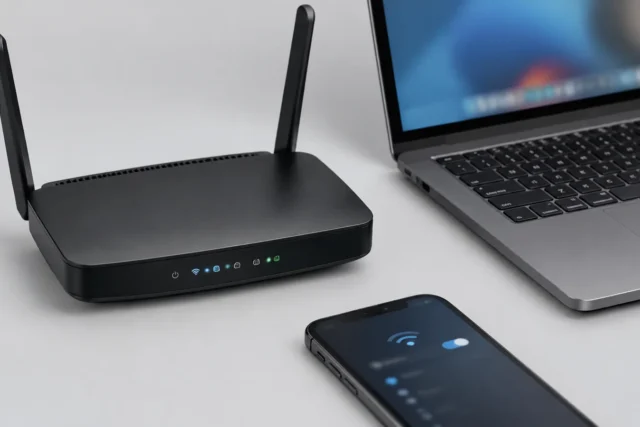 Домашний Wi-Fi роутер и сетевые кабели на светло-сером фоне без людей и текста