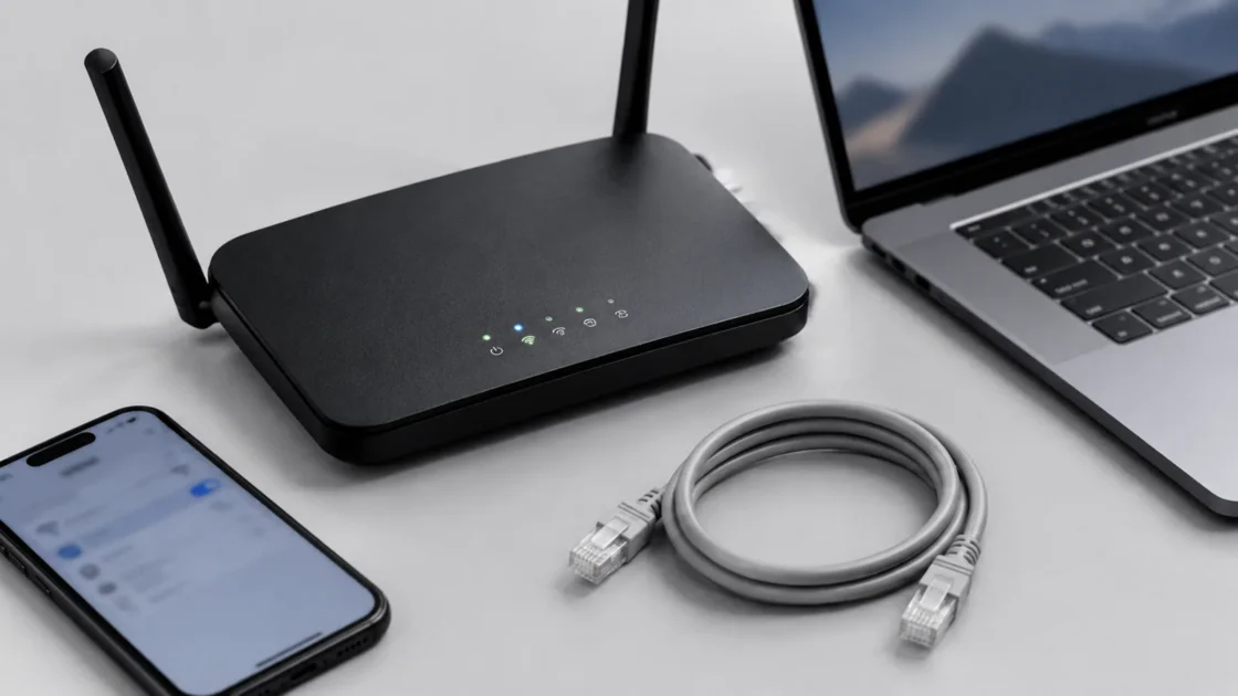 Крупный план портов роутера и Ethernet кабеля на светло-сером фоне