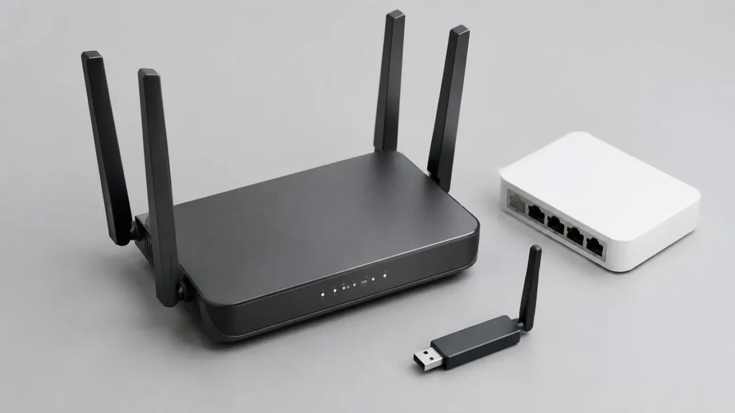 Домашний Wi-Fi роутер и сетевое оборудование на светло-сером фоне