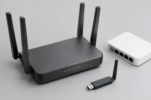 Домашний Wi-Fi роутер и сетевое оборудование на светло-сером фоне