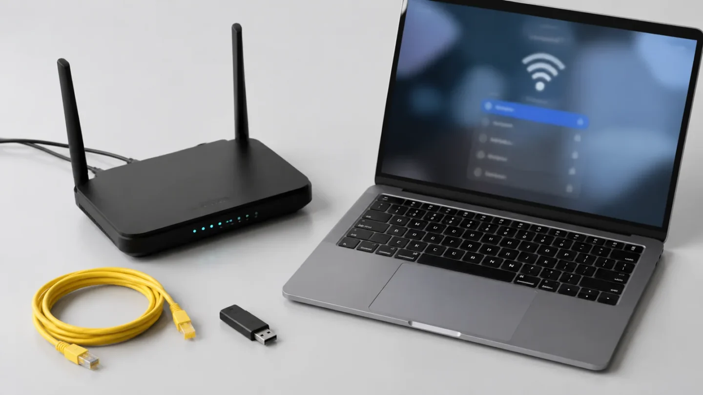 Реальный ноутбук и домашний Wi-Fi роутер на светло-сером фоне без людей и текста