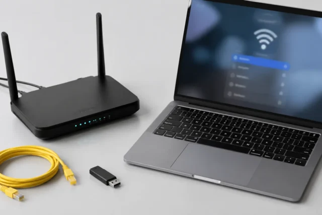 Реальный ноутбук и домашний Wi-Fi роутер на светло-сером фоне без людей и текста