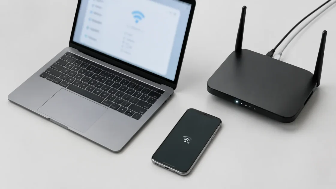 Реальный домашний Wi-Fi роутер и сетевые кабели на светло-сером фоне