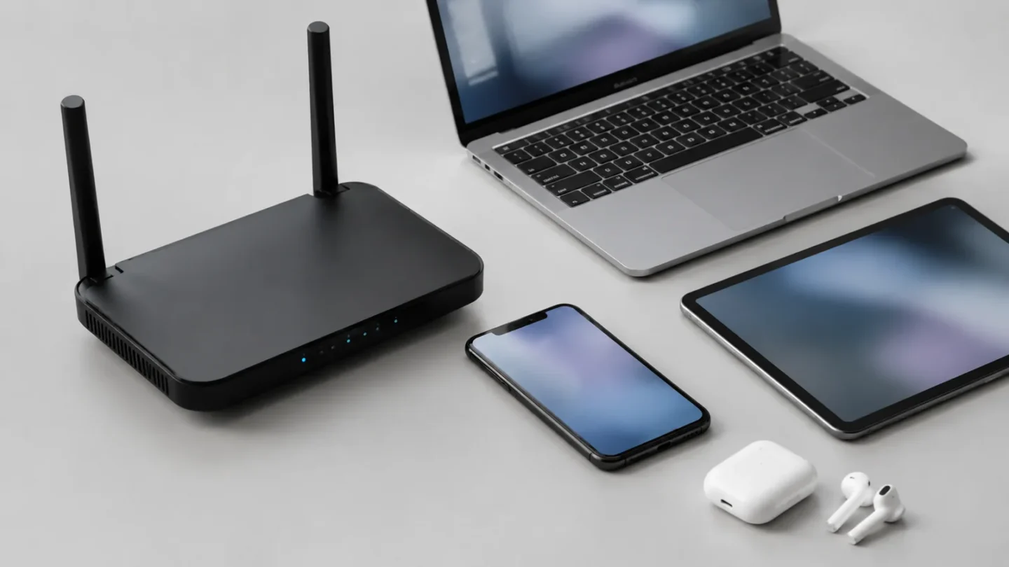 Домашний Wi-Fi роутер на светло-сером фоне без людей и текста
