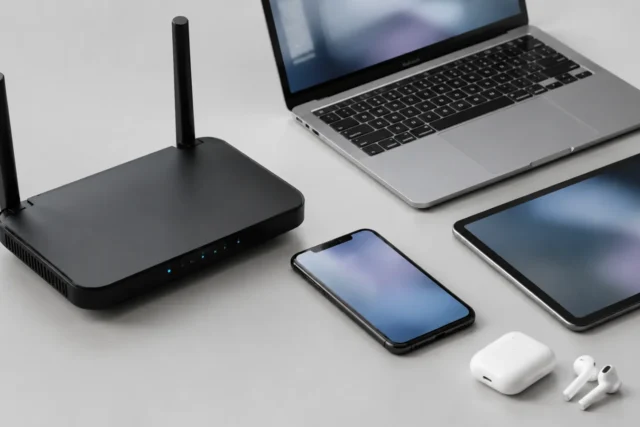 Домашний Wi-Fi роутер на светло-сером фоне без людей и текста