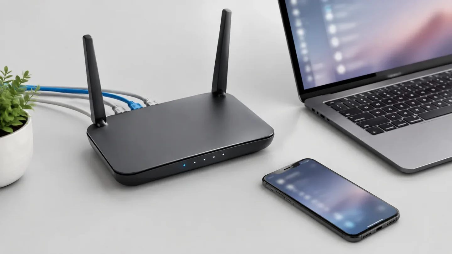 Домашний Wi-Fi роутер на светло-сером фоне без брендов и текста