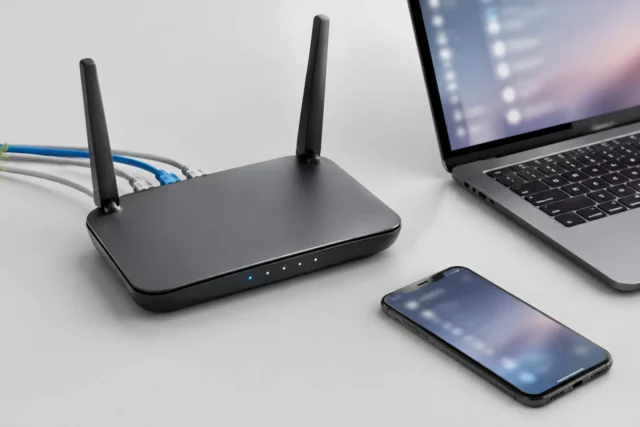 Домашний Wi-Fi роутер на светло-сером фоне без брендов и текста