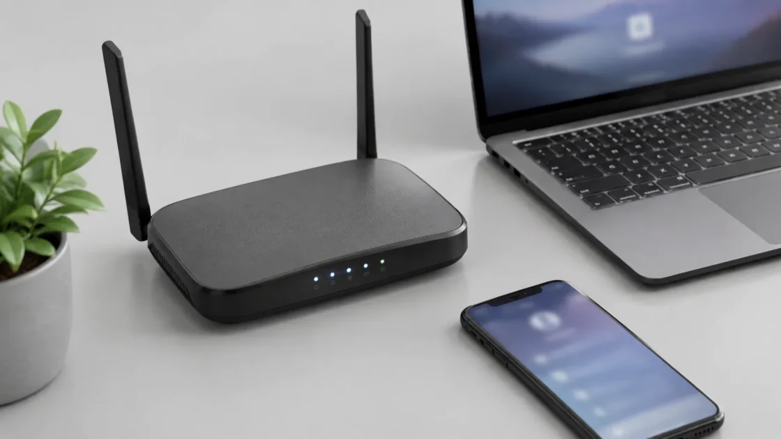 Крупный план сетевого роутера с антеннами на нейтральном фоне