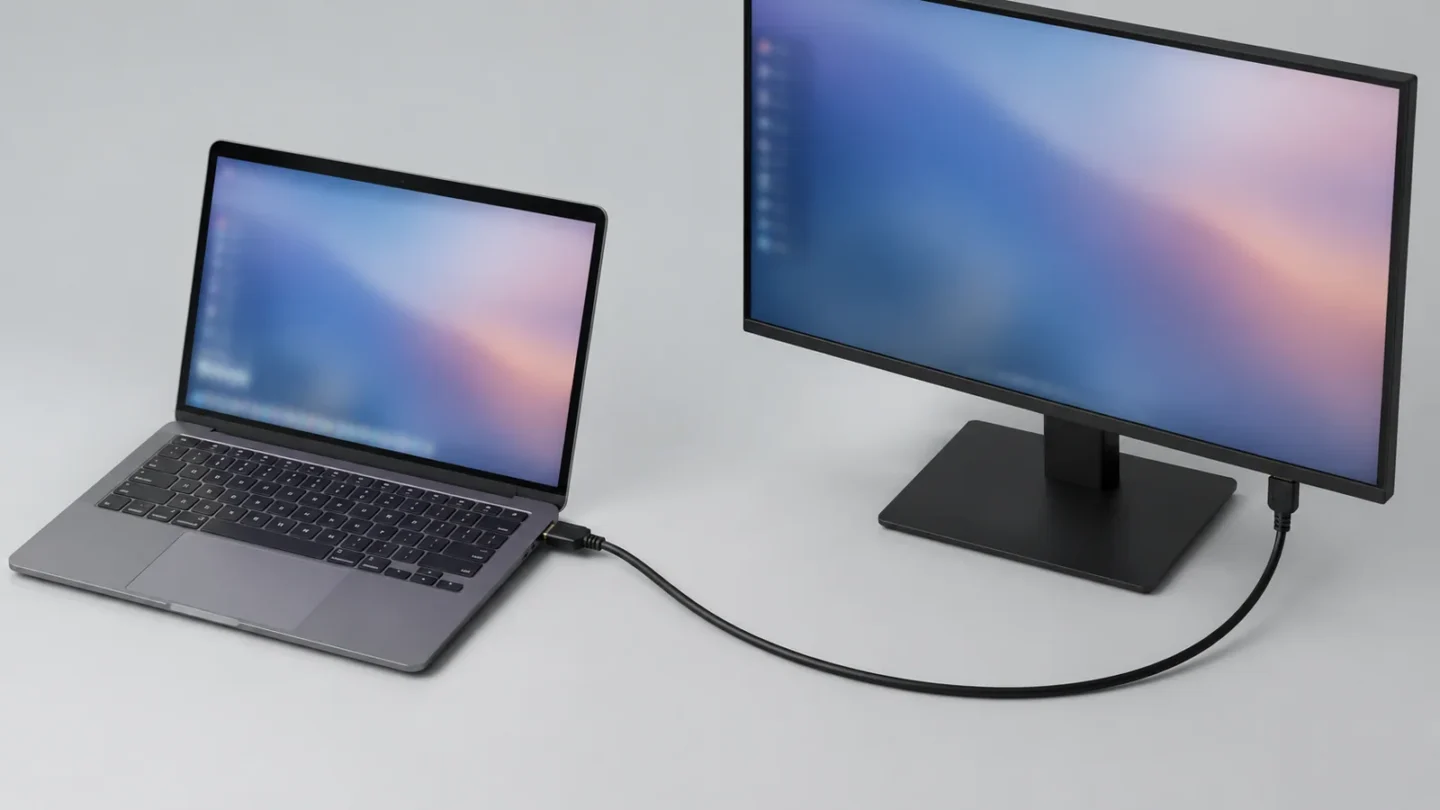 Ноутбук, HDMI-кабель и внешний монитор на светло-сером фоне