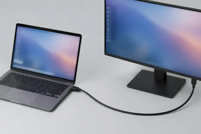 Ноутбук, HDMI-кабель и внешний монитор на светло-сером фоне