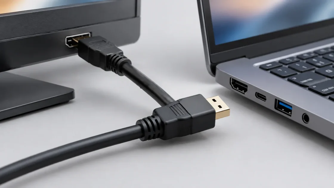 Крупный план HDMI-разъёмов и кабеля