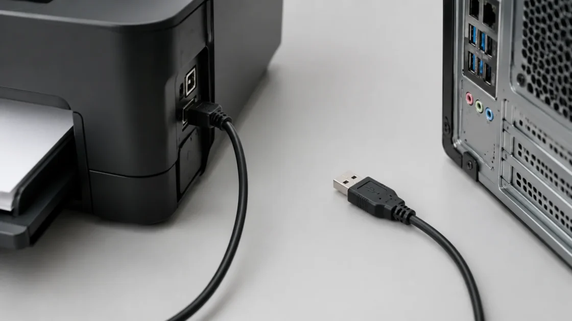 Крупный план USB-кабеля и разъёма принтера на светлом фоне