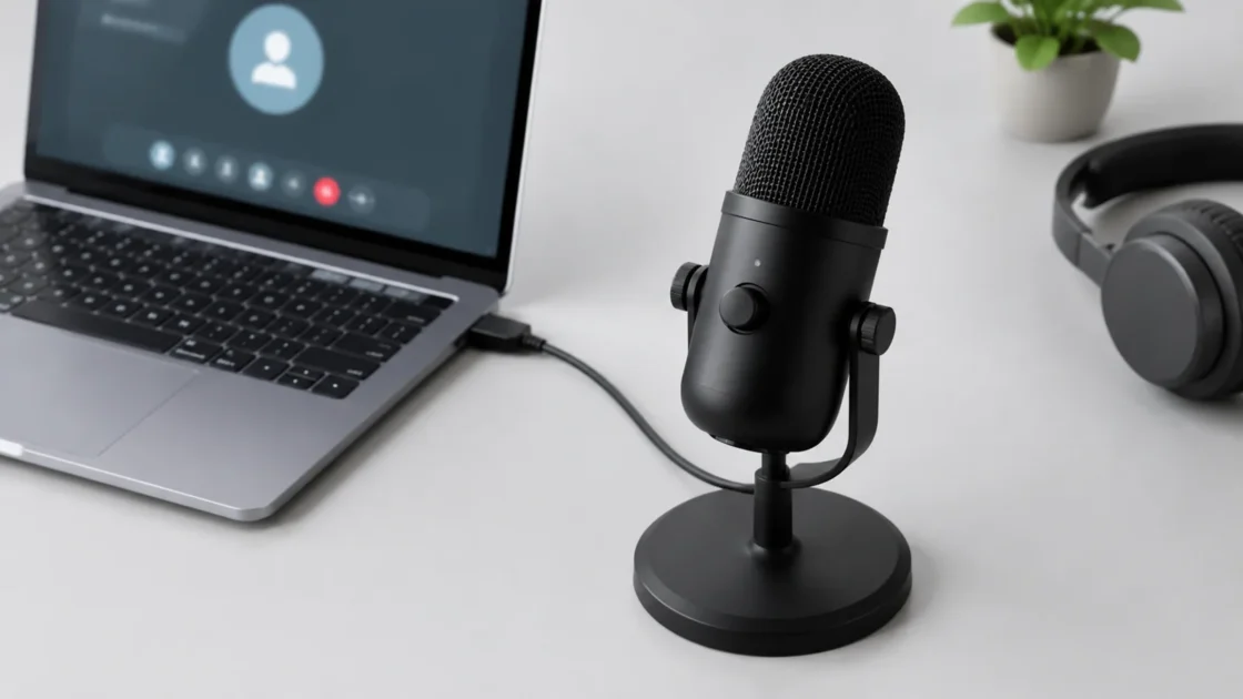 USB-микрофон и наушники на светло-сером фоне без брендов