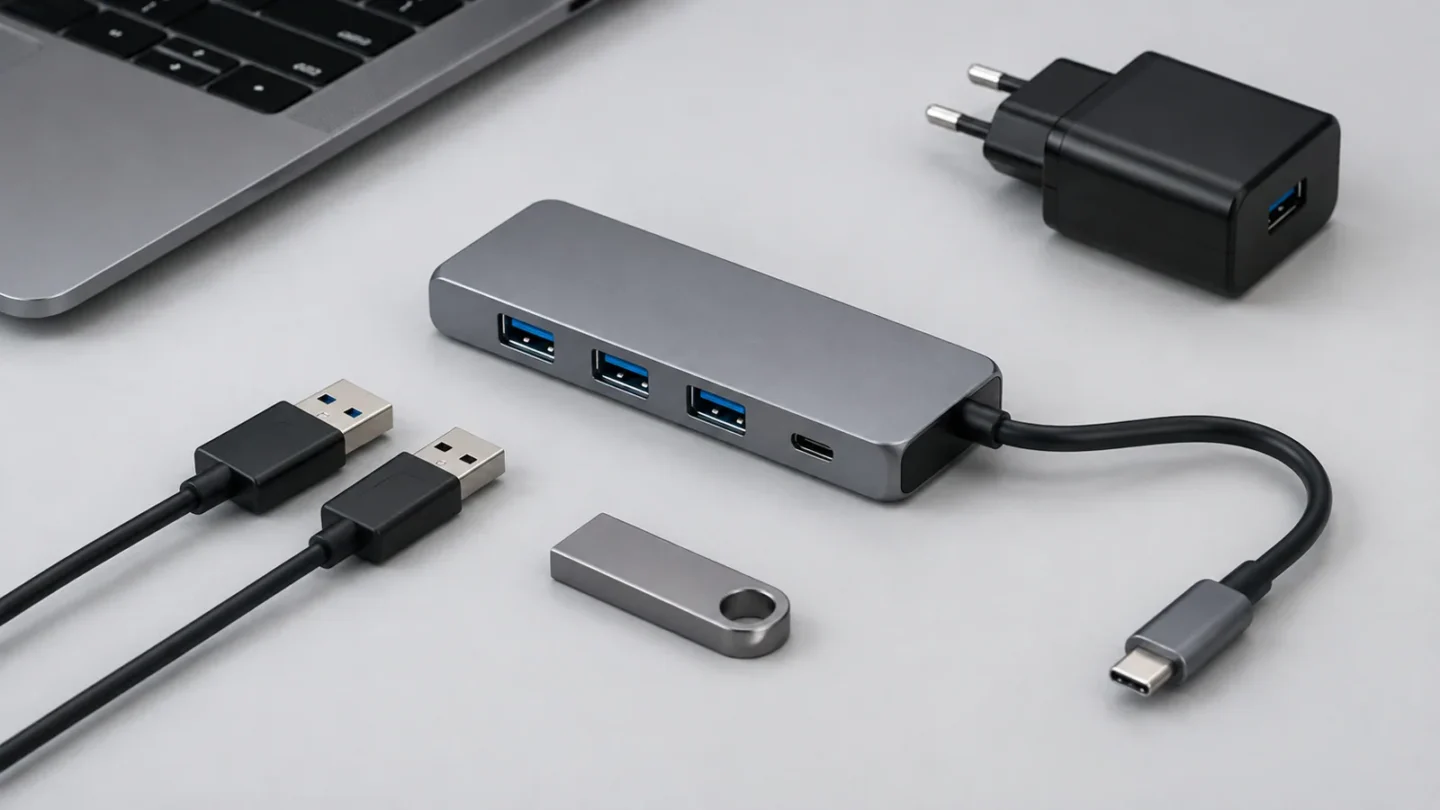 USB-хаб, кабели и разъёмы на светло-сером фоне