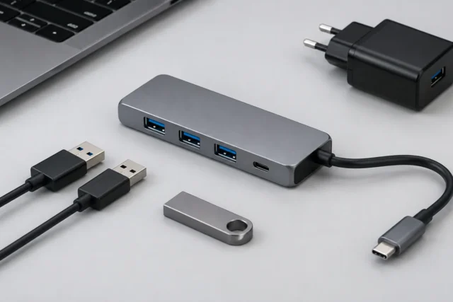 USB-хаб, кабели и разъёмы на светло-сером фоне