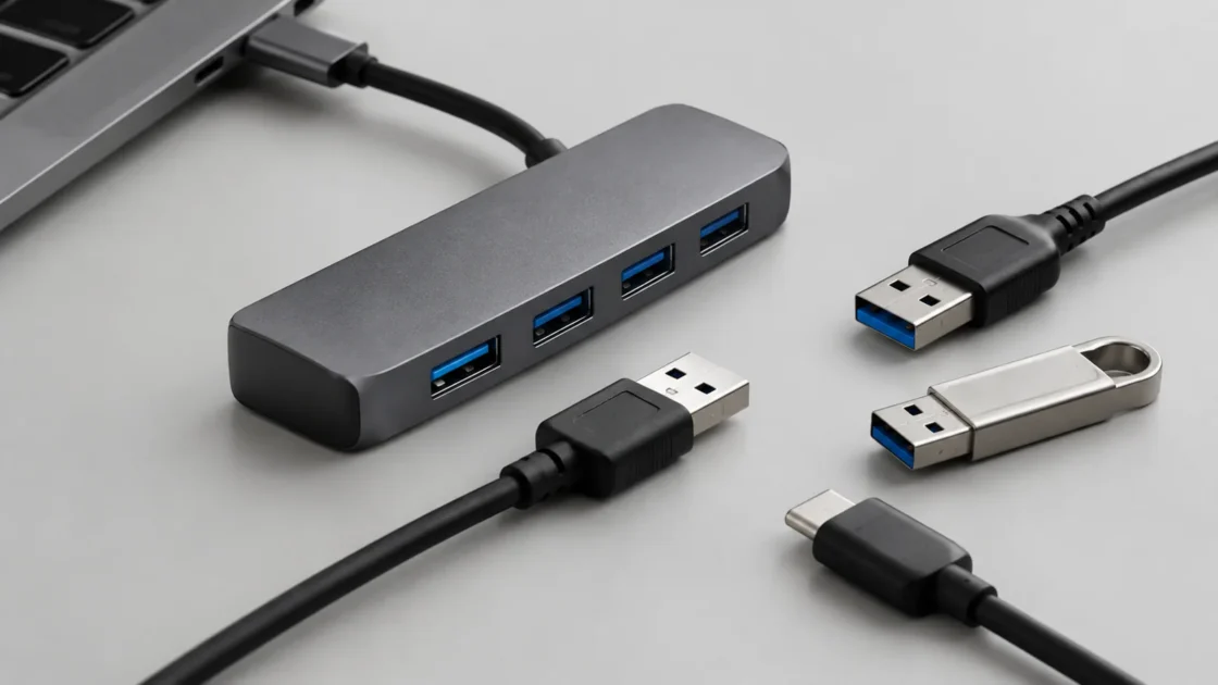 Крупный план USB-портов и подключений