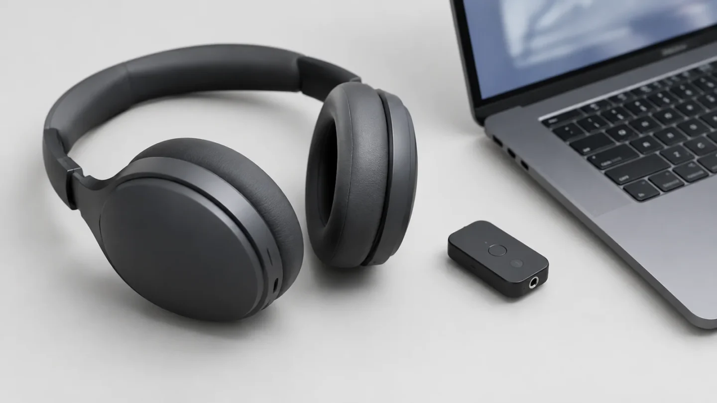 Bluetooth-наушники и небольшой аудиоадаптер на светло-сером фоне