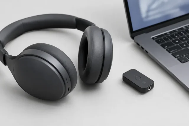 Bluetooth-наушники и небольшой аудиоадаптер на светло-сером фоне