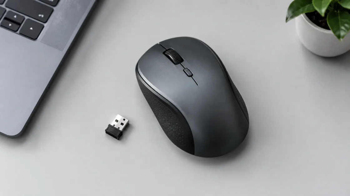 Беспроводная мышь с USB-приёмником на светло-сером фоне