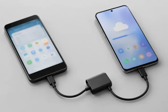 Старый и новый смартфоны Android на светло-сером фоне без людей и текста