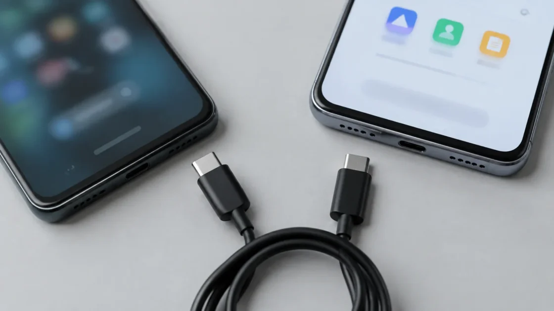 Крупный план двух смартфонов рядом с кабелем передачи данных на светло-сером фоне