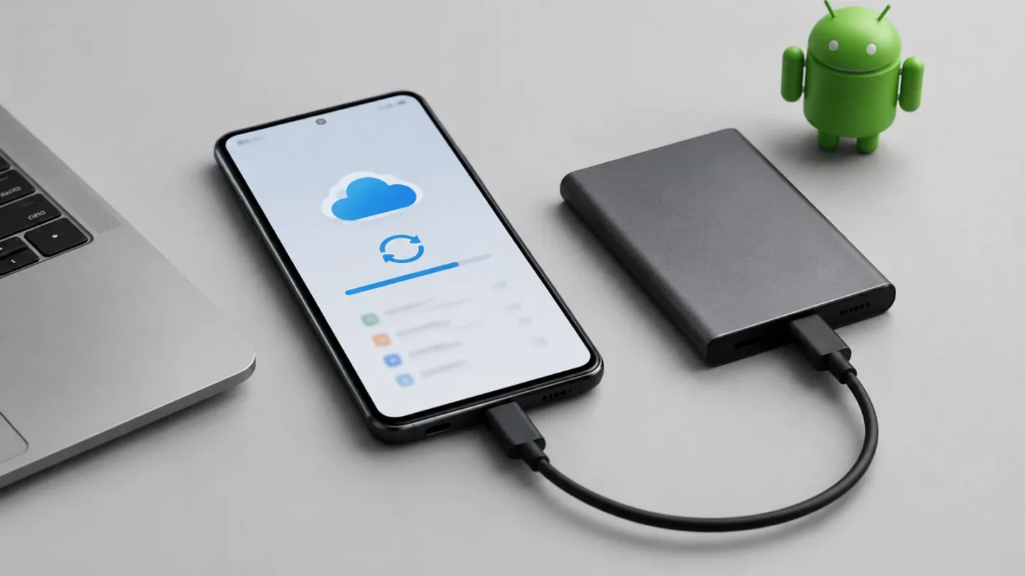 Смартфон Android на светло-сером фоне рядом с кабелем и внешним накопителем без людей и текста