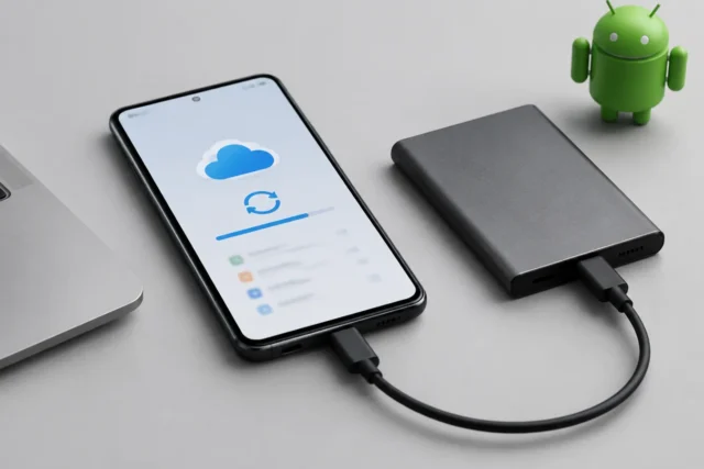 Смартфон Android на светло-сером фоне рядом с кабелем и внешним накопителем без людей и текста