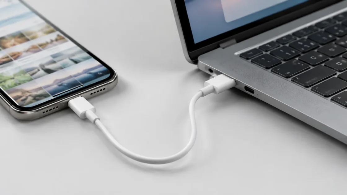 Крупный план подключения смартфона к компьютеру кабелем