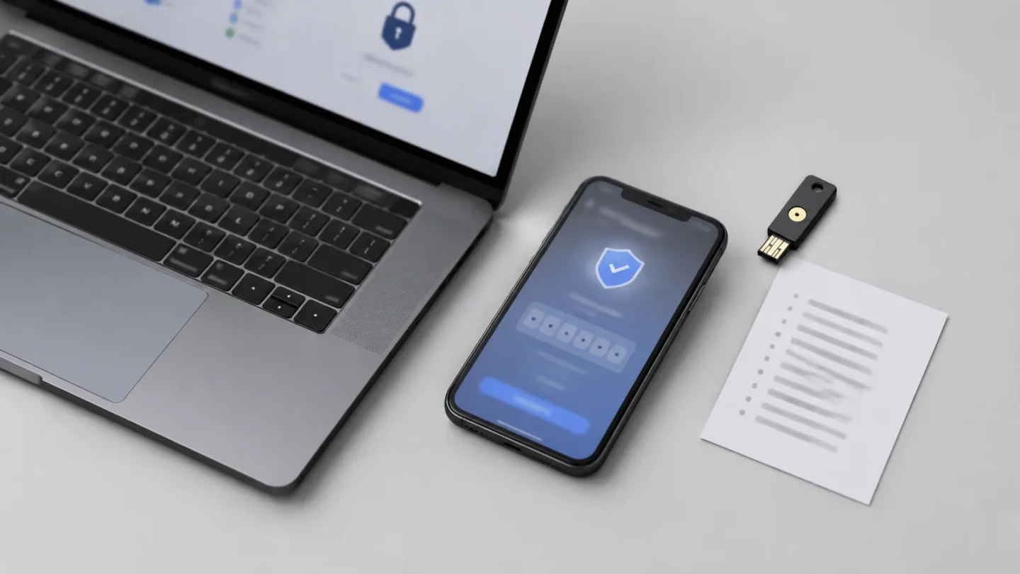 Компактный аппаратный ключ безопасности и смартфон на светло-сером фоне без людей и текста