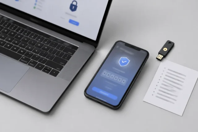 Компактный аппаратный ключ безопасности и смартфон на светло-сером фоне без людей и текста