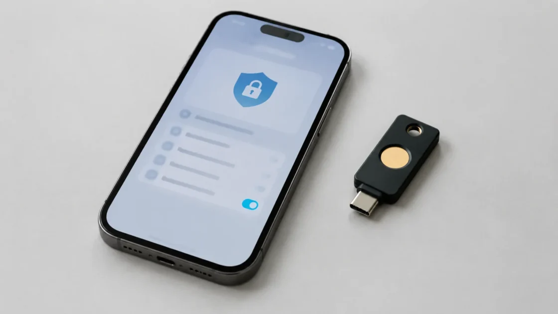Ноутбук и устройство двухфакторной аутентификации на светло-сером фоне